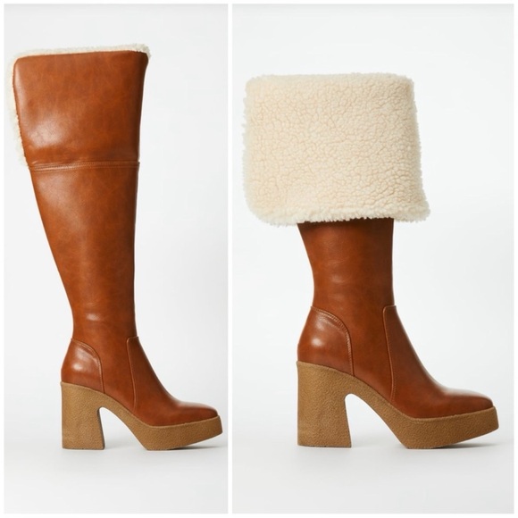 🆕 Block Heeled Boot in Tan Whiskey Brown Russet Sienna Parker Fall Fur Luggage - Picture 2 of 4